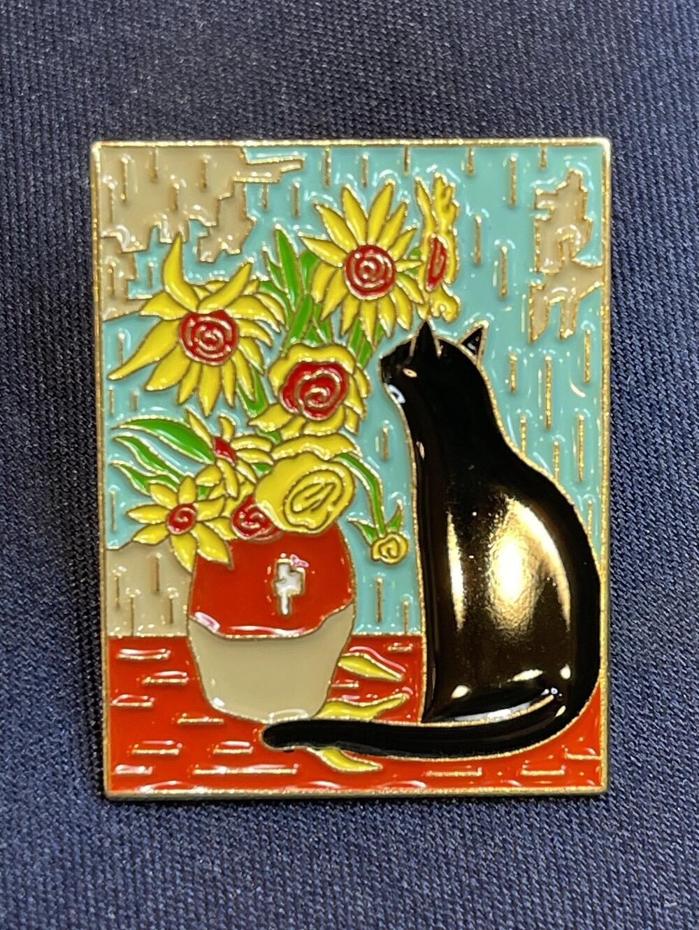 NWOT: Cat Sunflowers Brooch Pin Yellow Enamel Van Gogh Art Animals Collectible